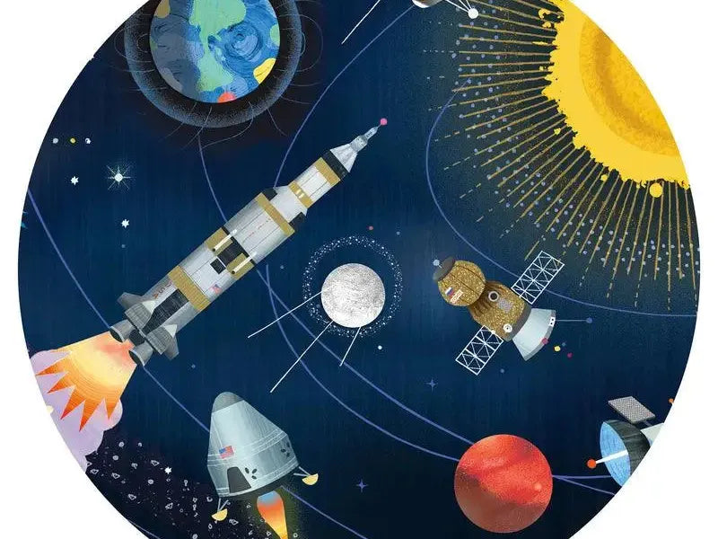 Circular illustration depicting various elements of space exploration and the solar system.