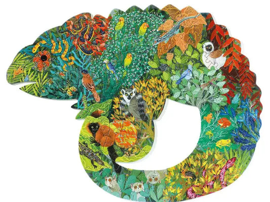 Colorful, intricately patterned chameleon-shaped jigsaw puzzle filled with diverse flora and fauna imagery.
