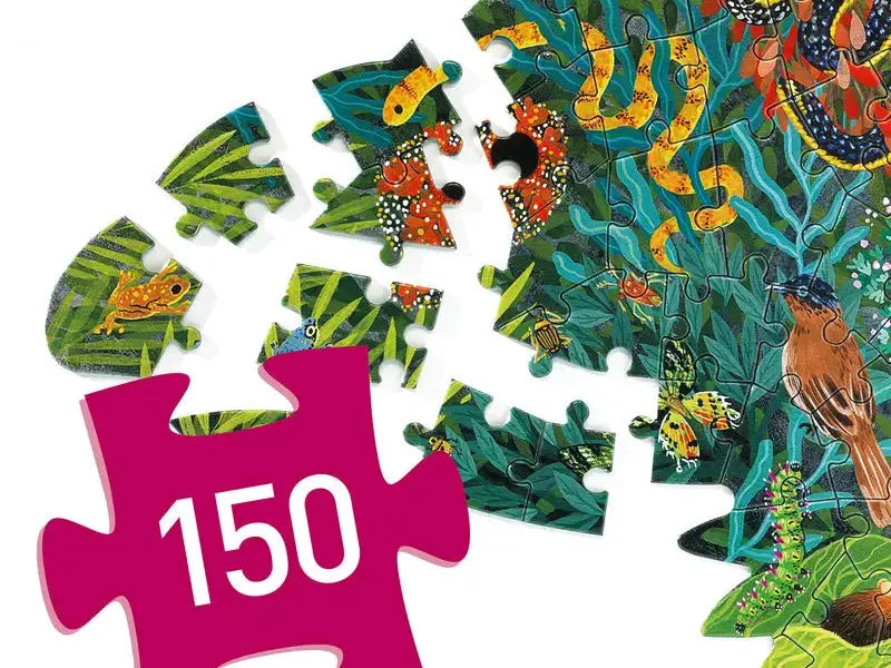 Colorful jigsaw puzzle featuring a vibrant jungle scene with animals and plants.