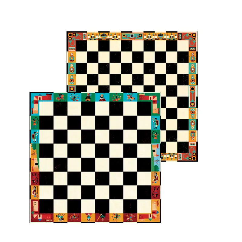 Colorful, decorative chess boards with patterned borders.