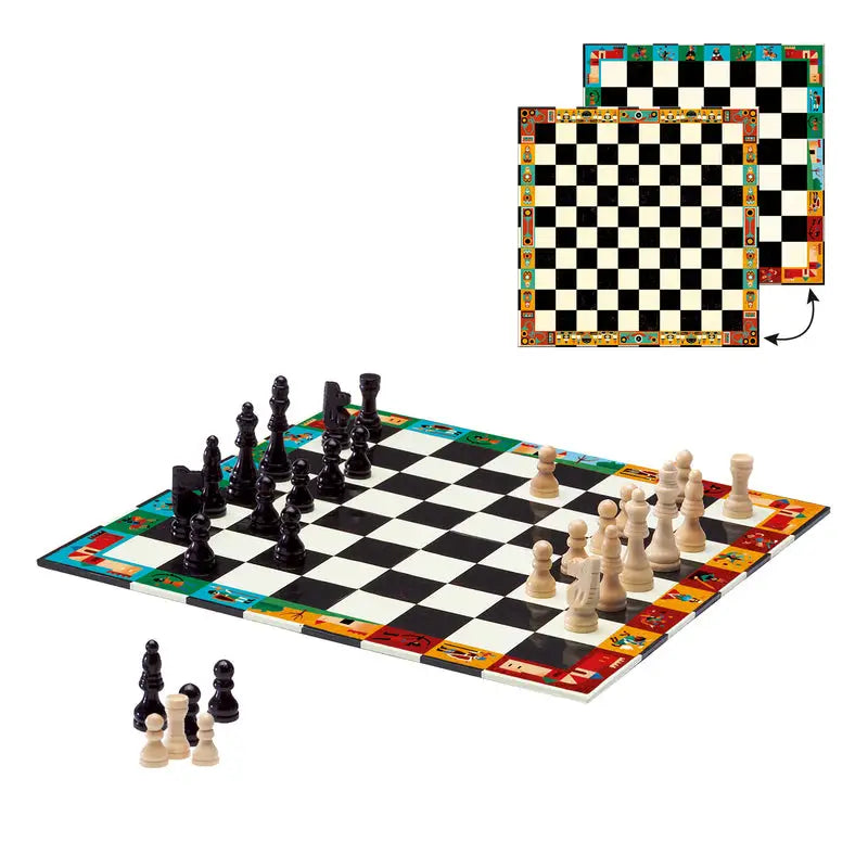 Chess set with a colorful board and wooden pieces.