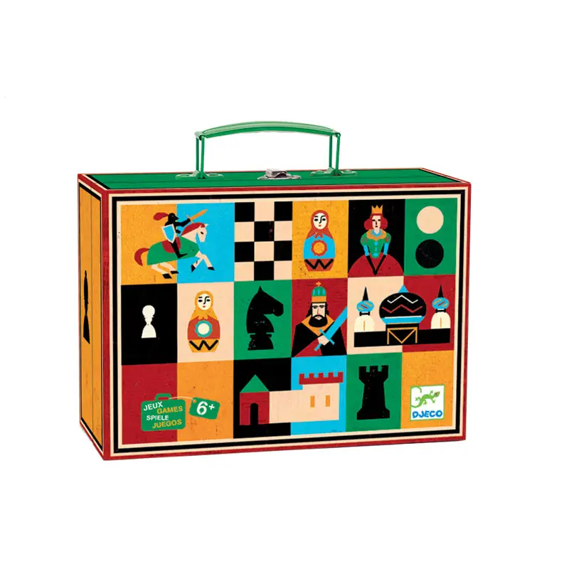 Colorful chess-themed lunchbox or carrying case with various game pieces and characters illustrated on its surface.