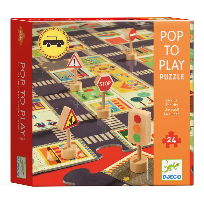 Pop to Play puzzle box featuring a city road map design with traffic signs.