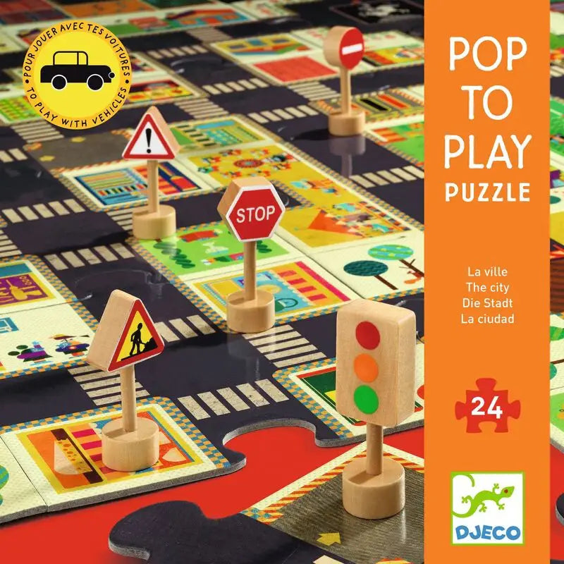 Children’s puzzle game featuring a miniature city with roads, traffic signs, and vehicles.
