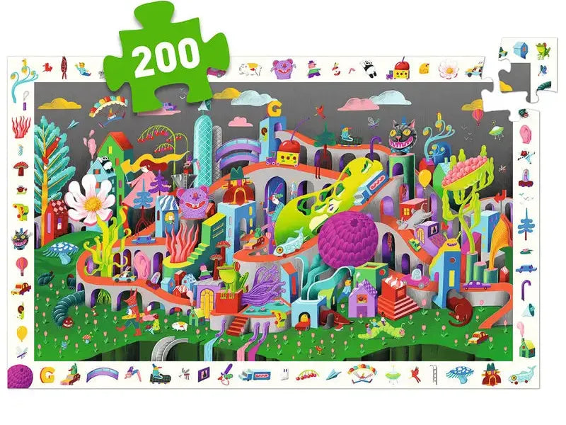 Colorful, whimsical jigsaw puzzle depicting a fantastical cityscape with various creatures and objects.