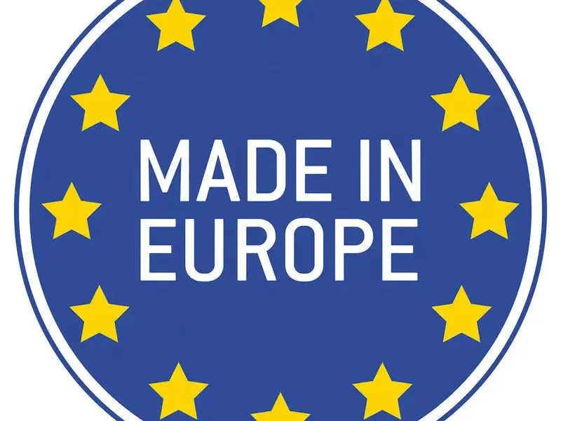 Circular blue emblem with yellow stars and ’MADE IN EUROPE’ text.