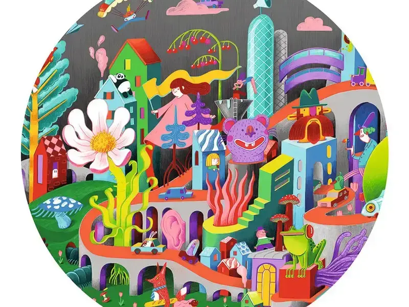 Colorful, whimsical cityscape filled with fantastical buildings and creatures in a circular composition.