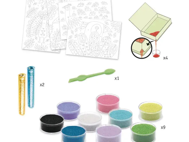 Paint-by-numbers kit with coloring sheets, paint pots, brushes, and a magnifying glass.