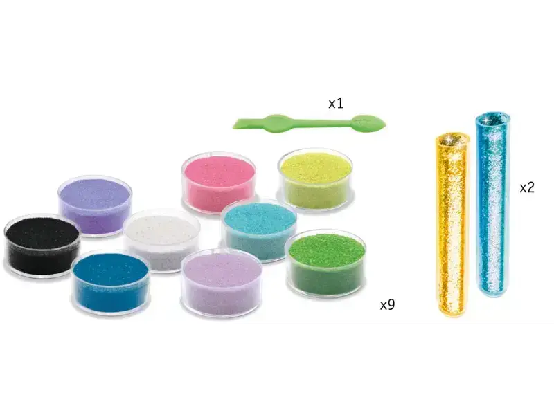 Set of colorful plastic containers and test tubes for storing or mixing substances.