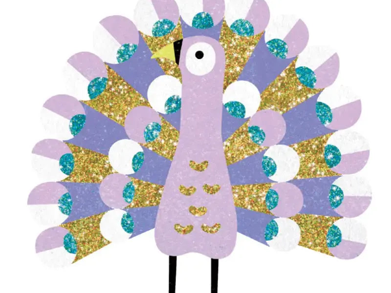 Stylized cartoon peacock with purple body and colorful glittery tail feathers.