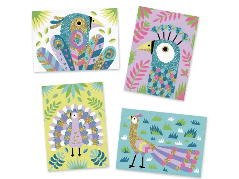Set of four colorful, whimsical bird-themed art cards featuring stylized illustrations of different birds with decorative patterns and floral elements.