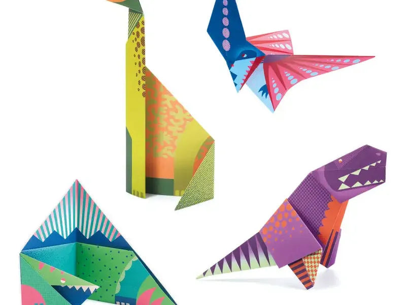 Colorful origami-style paper animals including a giraffe, butterfly, dinosaur, and geometric shape.