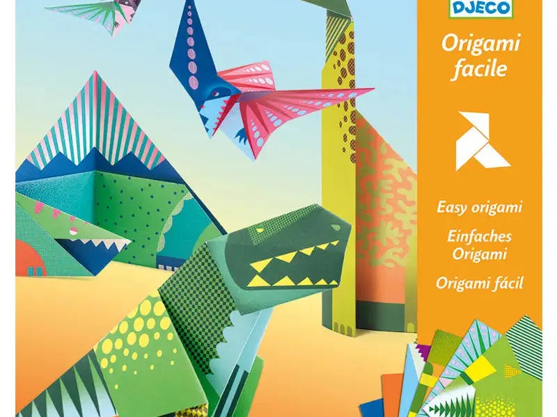 Colorful origami dinosaurs and flying creatures made from patterned paper.