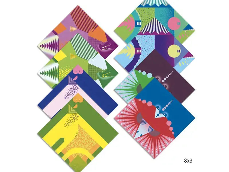 Colorful set of geometric origami paper designs with various patterns and shapes.