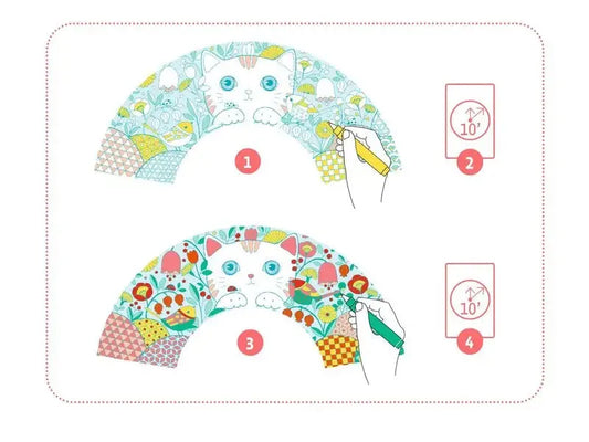 Illustrated paper fan templates with cute cat faces and floral patterns.