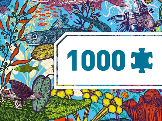 Colorful, whimsical illustration featuring various animals and plants surrounding a ’1000’’ puzzle piece label.