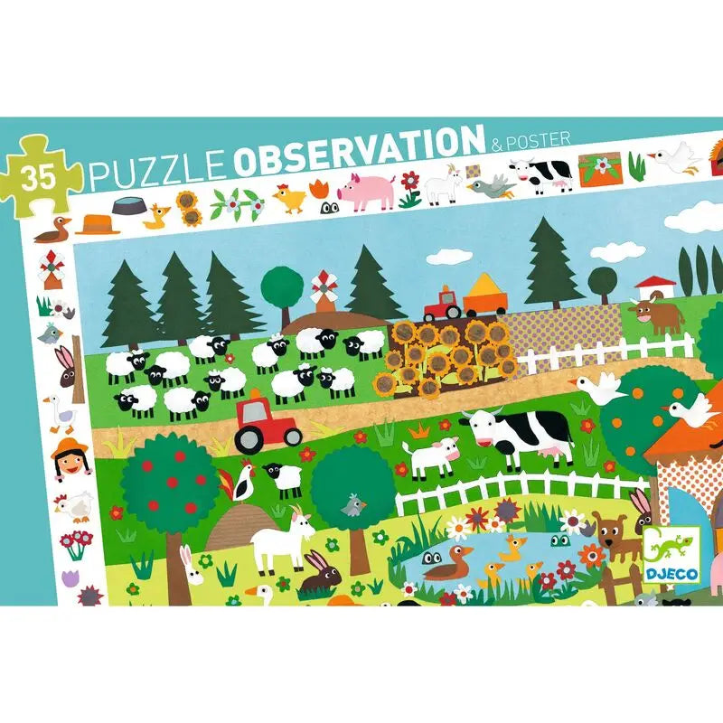 Colorful farm-themed observation puzzle featuring various animals, crops, and farm activities.