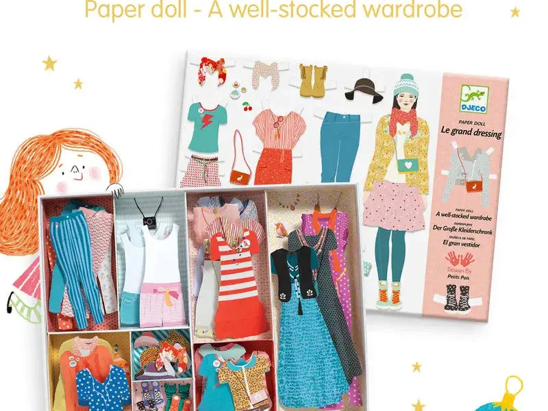 Paper doll set with various outfits and accessories in a colorful box.