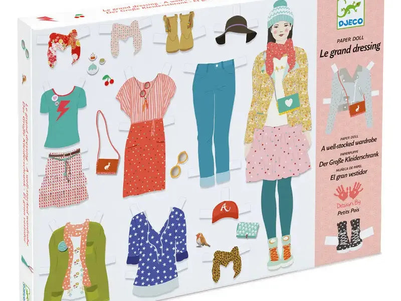 Colorful fashion design kit featuring various clothing items and accessories for creating outfit combinations.