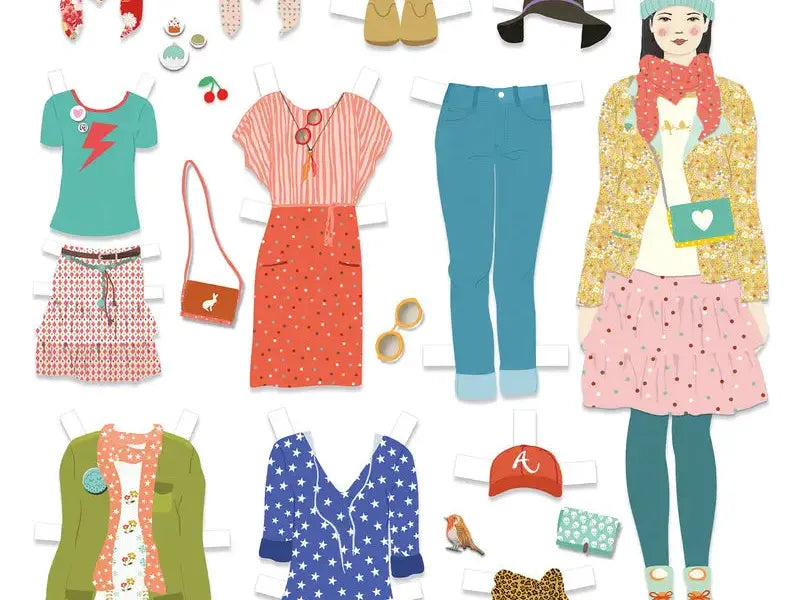 Illustrated collection of women’s clothing and accessories arranged in a fashion collage style.