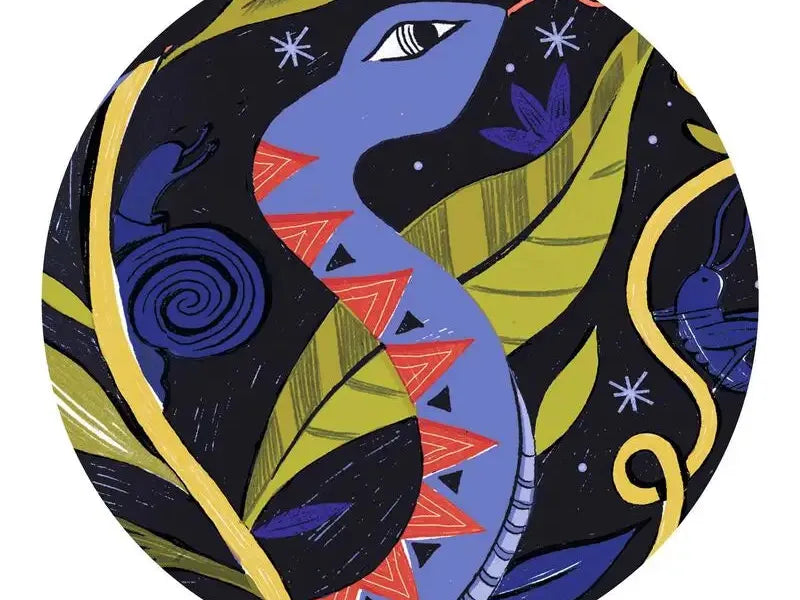 Stylized, colorful creature with a long snout in a circular composition.