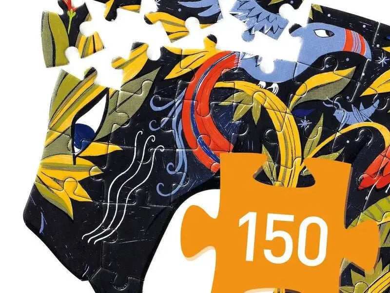 Colorful jigsaw puzzle depicting an abstract horse design with floral and nature elements.