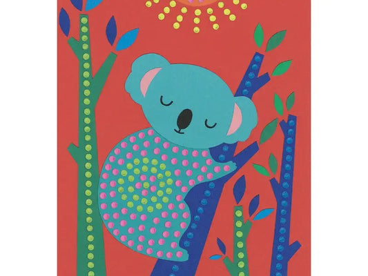 Stylized koala with a dotted pattern clinging to a blue branch.