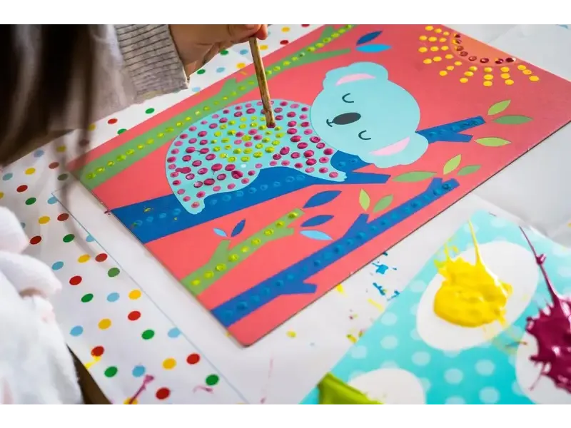 Colorful cartoon-style artwork featuring a blue bear-like character on a vibrant patterned background.