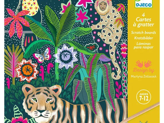 Colorful jungle-themed illustration featuring various animals and plants in a vibrant, whimsical style.