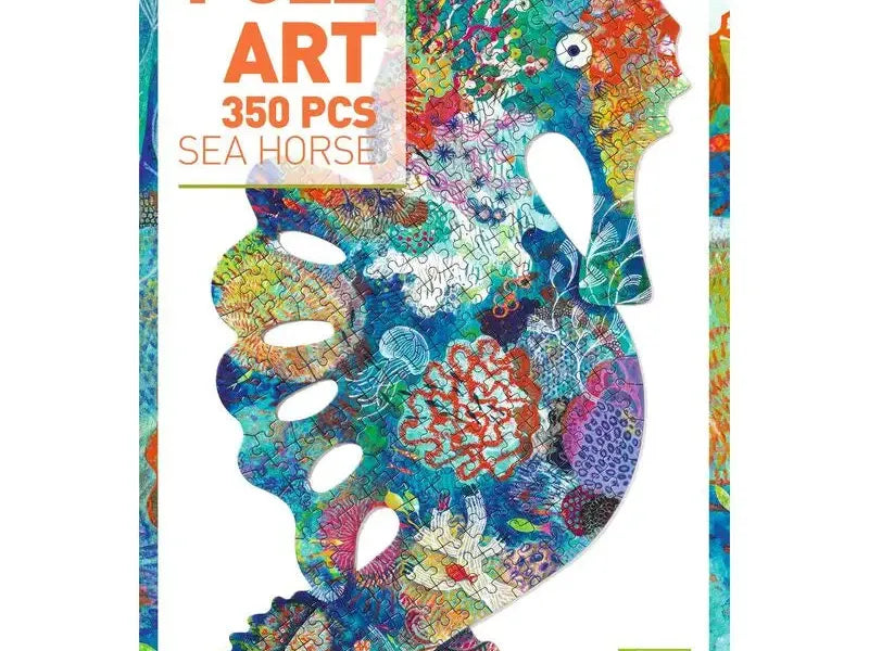 Colorful, intricately patterned seahorse puzzle box featuring 350 pieces.