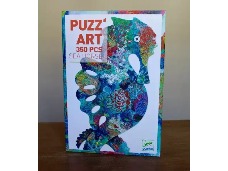 Colorful puzzle box featuring an artistic seahorse design.