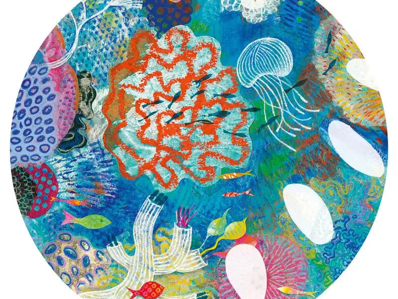Colorful, abstract circular artwork depicting an underwater scene with coral, jellyfish, and sea creatures.