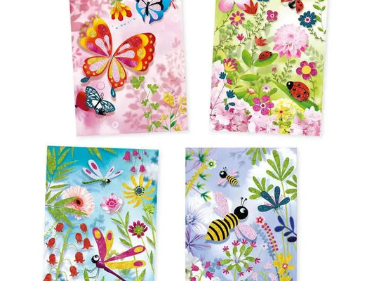Set of four colorful floral and insect-themed greeting cards or prints.