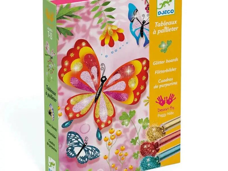 Colorful craft kit featuring butterfly designs and glitter art materials.