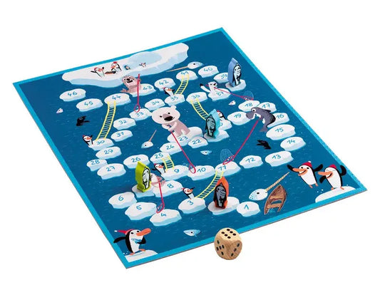 Winter-themed board game with numbered ice floes and arctic animal pieces.