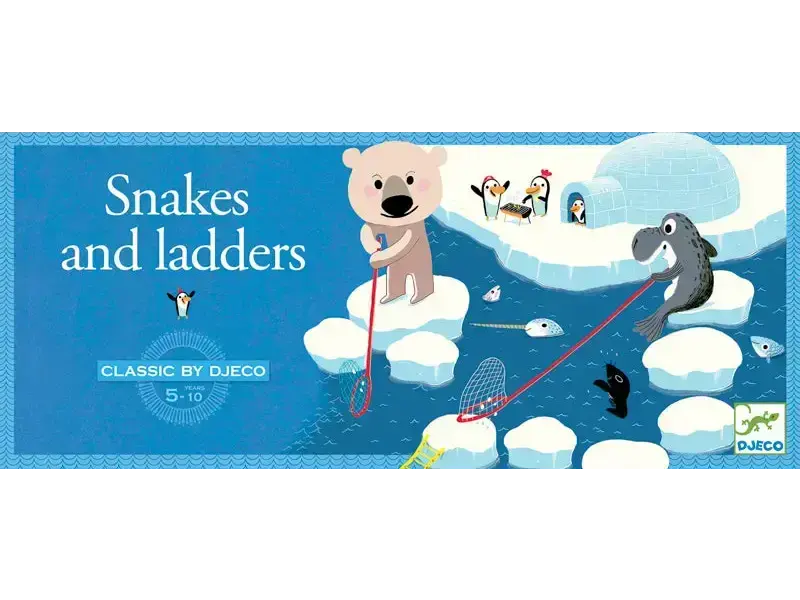 Board game box cover for ’Snakes and Ladders’ featuring Arctic animals on ice.