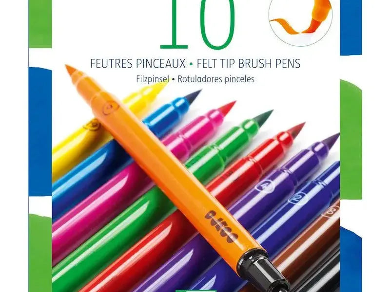 Set of 10 colorful felt tip brush pens.