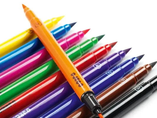 Colorful felt-tip markers arranged diagonally.