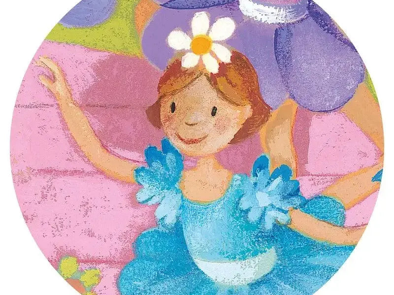 Cheerful cartoon girl in a blue dress with a flower in her hair.