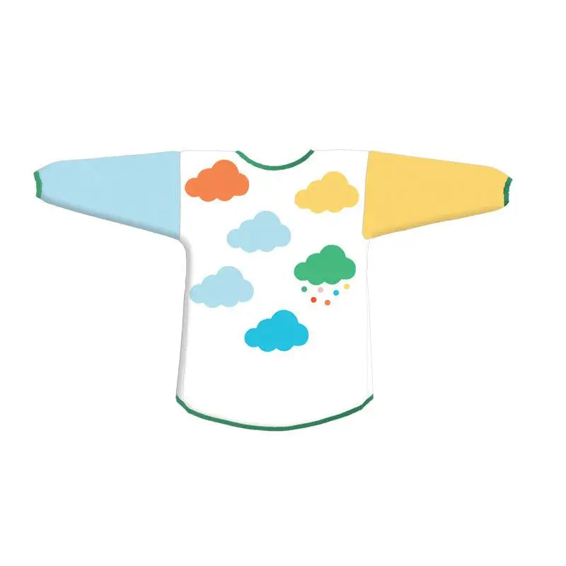 Colorful children’s shirt with cloud patterns and contrasting sleeves.