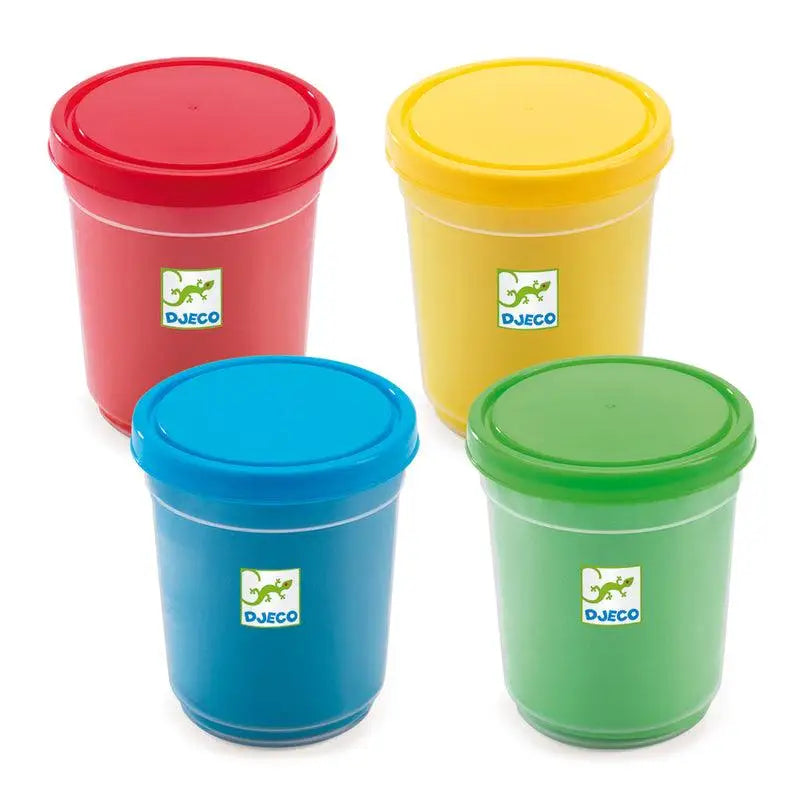 Four colorful plastic containers with lids in red, yellow, blue, and green.