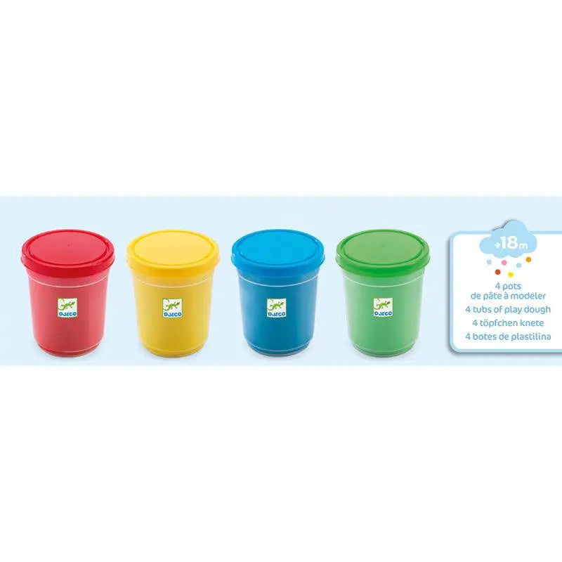Four colorful plastic containers with lids in red, yellow, blue, and green.