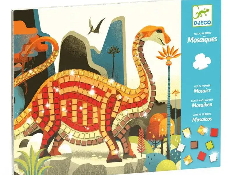 Colorful mosaic-style illustration of a long-necked dinosaur.