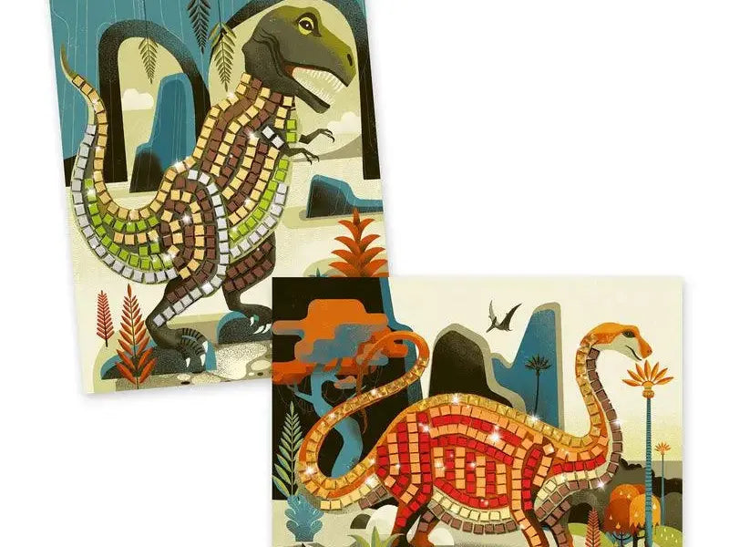 Two stylized dinosaur illustrations with colorful mosaic-like patterns on their bodies.
