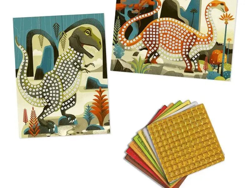 Dinosaur-themed mosaic craft kit with colorful sticker sheets and illustrated dinosaur cards.