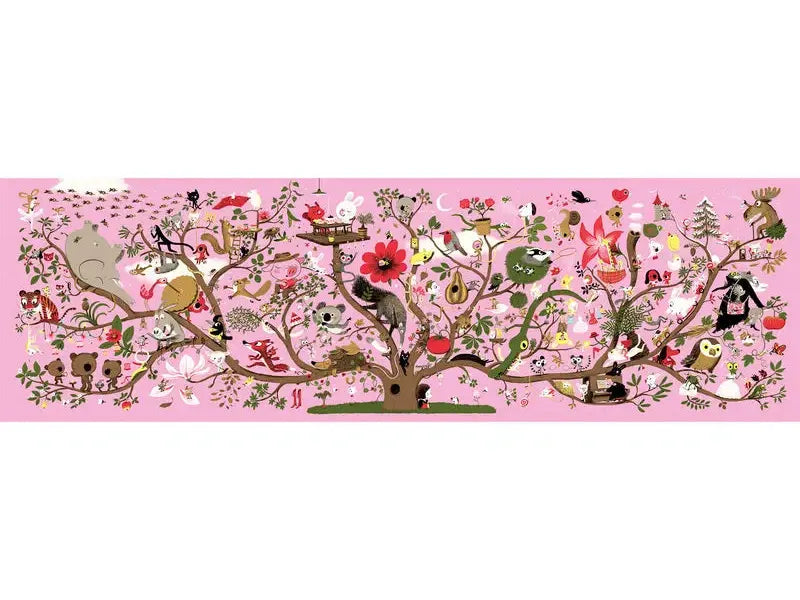 Whimsical animal-filled tree illustration.