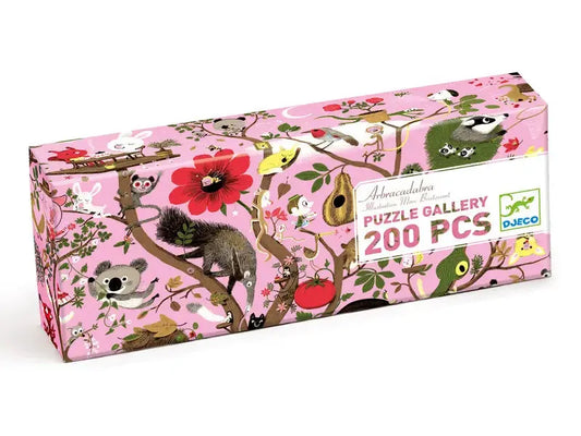 Pink puzzle box with animal illustrations.