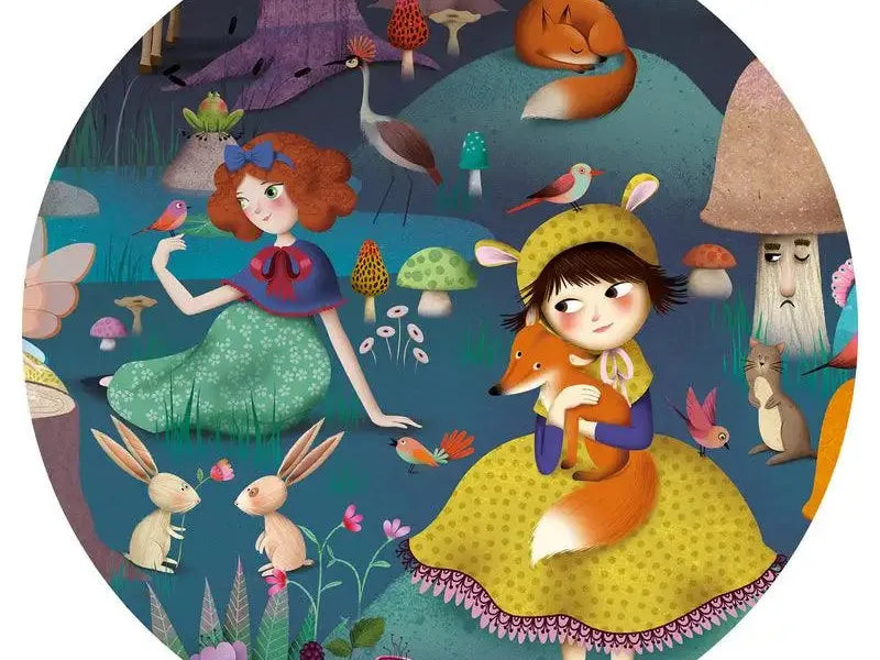 Circular illustration depicting a whimsical forest scene with fairy tale characters and animals.