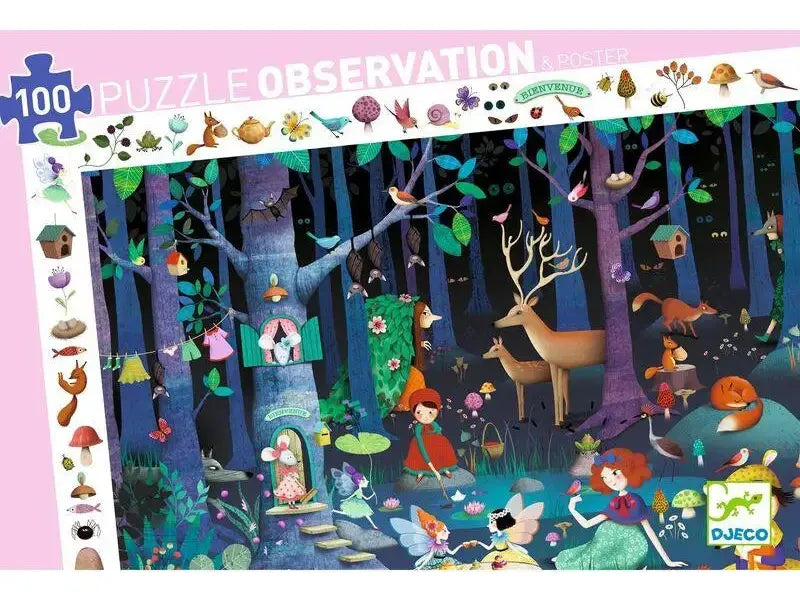 Colorful puzzle observation game depicting a whimsical forest scene with various animals and magical creatures.