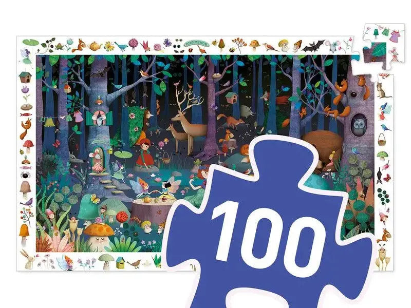 Colorful forest scene jigsaw puzzle with a blue puzzle piece indicating 100 pieces.